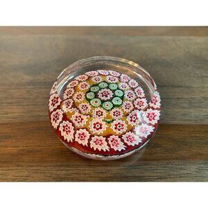 Millefiori Paperweight Red White Green Glass Art Vintage Flat top Clear Bottom